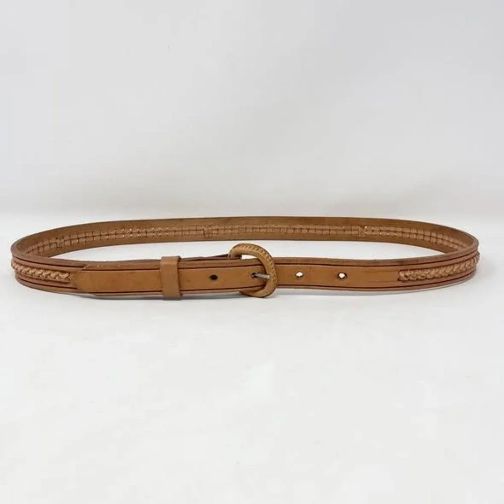 VTG Braided Belt Wms 36 Tan Brown Leather Hand Tooled Covered Buckle Western